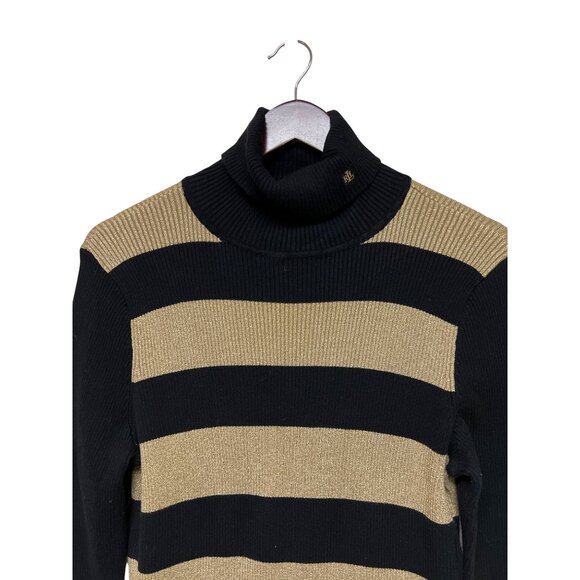 Ralph Lauren Women's Sweater Turtle Neck Black Metallic Gold Stripe Long Sleeve - Picture 2 of 10
